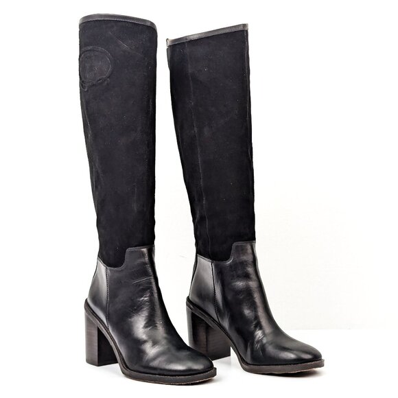 Franco Sarto Women Rivet Black Leather Wide Calf Retro Tall Boots Size 8 - Picture 1 of 8